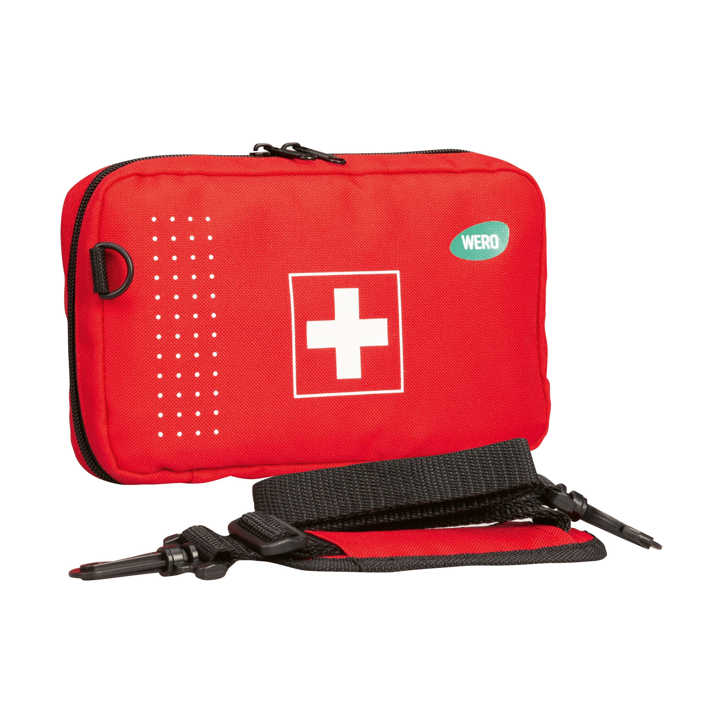 Rote Erste-Hilfe-Tasche mit weißem Kreuz, Reißverschluss, Trageschlaufe und Schultergurt. Logo "WERO".