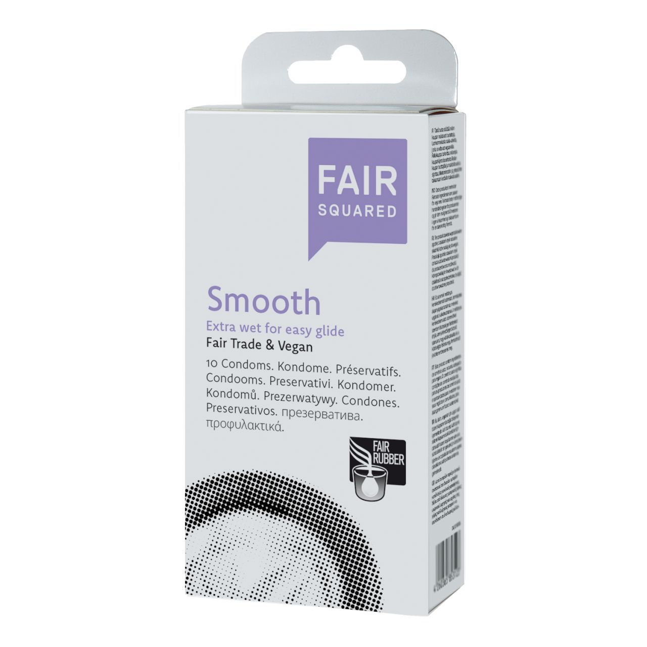 Produktverpackung "Smooth" von "Fair Squared" mit Aufhängevorrichtung. Enthält 10 Kondome. Fair Trade & Vegan.