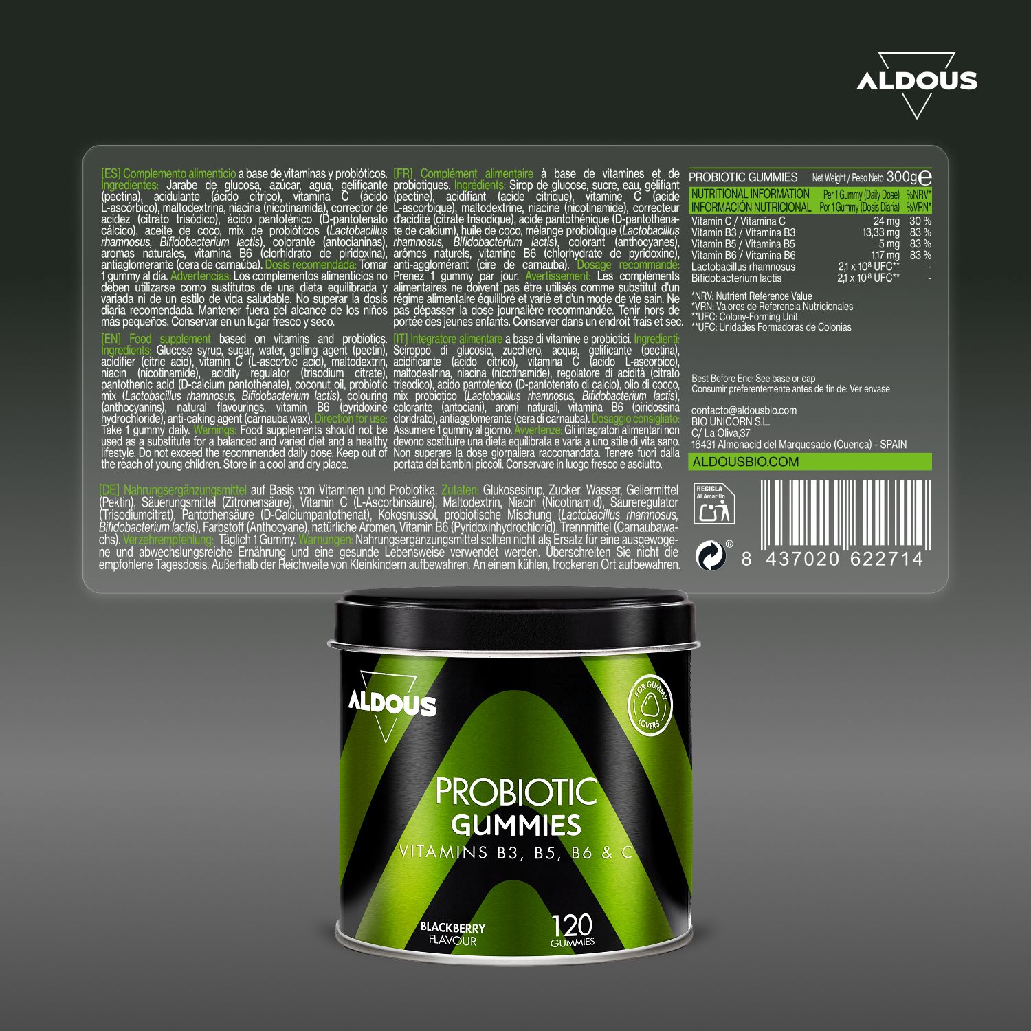 Aldous Probiotische Gummibonbons: 120 Stück in Dose. Brombeergeschmack. Vitamine B3, B5, B6 & C.