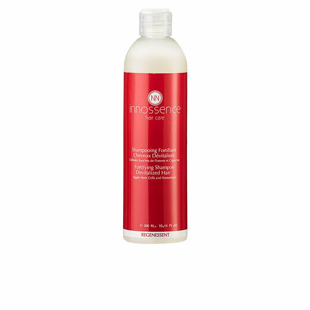 Rote Shampoo-Flasche mit weißem Deckel. Aufschrift: Innossence hair care, Regenessent, Fortifying Shampoo. 300 ml.