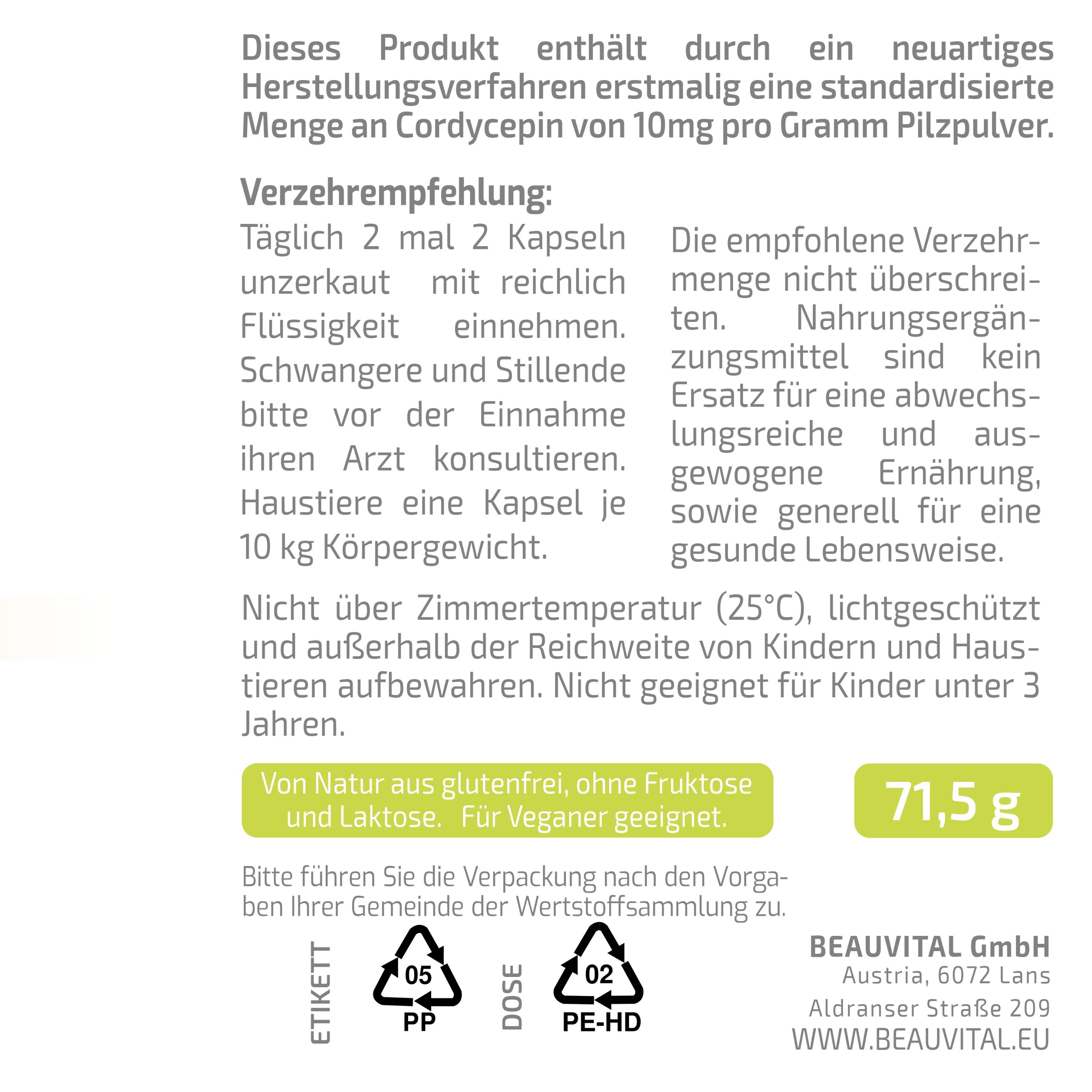 BEAUVITAL® Pure Bio Cordyceps Gold Kapseln mit 10mg Cordycepin/g