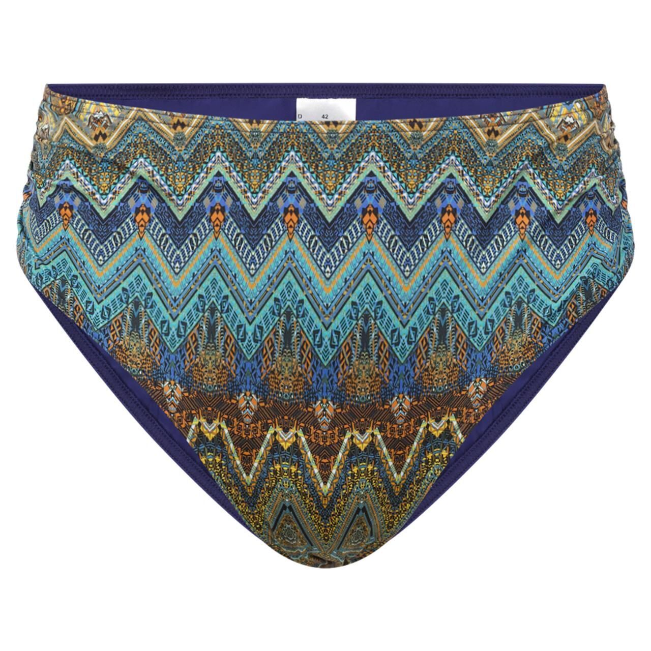 Bikini-Slip mit Muster. Hoher Bund, Zickzack-Muster in Blau- und Brauntönen.