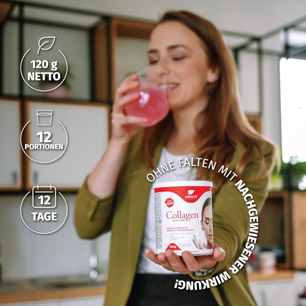 Produktinformationen auf rosa Hintergrund. Inhaltsstoffe, Nährwerte, empfohlene Tagesdosis. 100% Geld-zurück-Garantie.