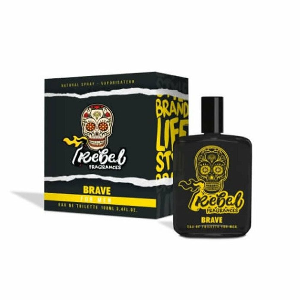 Schwarzer Flakon und Schachtel. Aufdruck: Totenkopf, "Rebel Fragrances", "Brave". Gelbe Akzente.