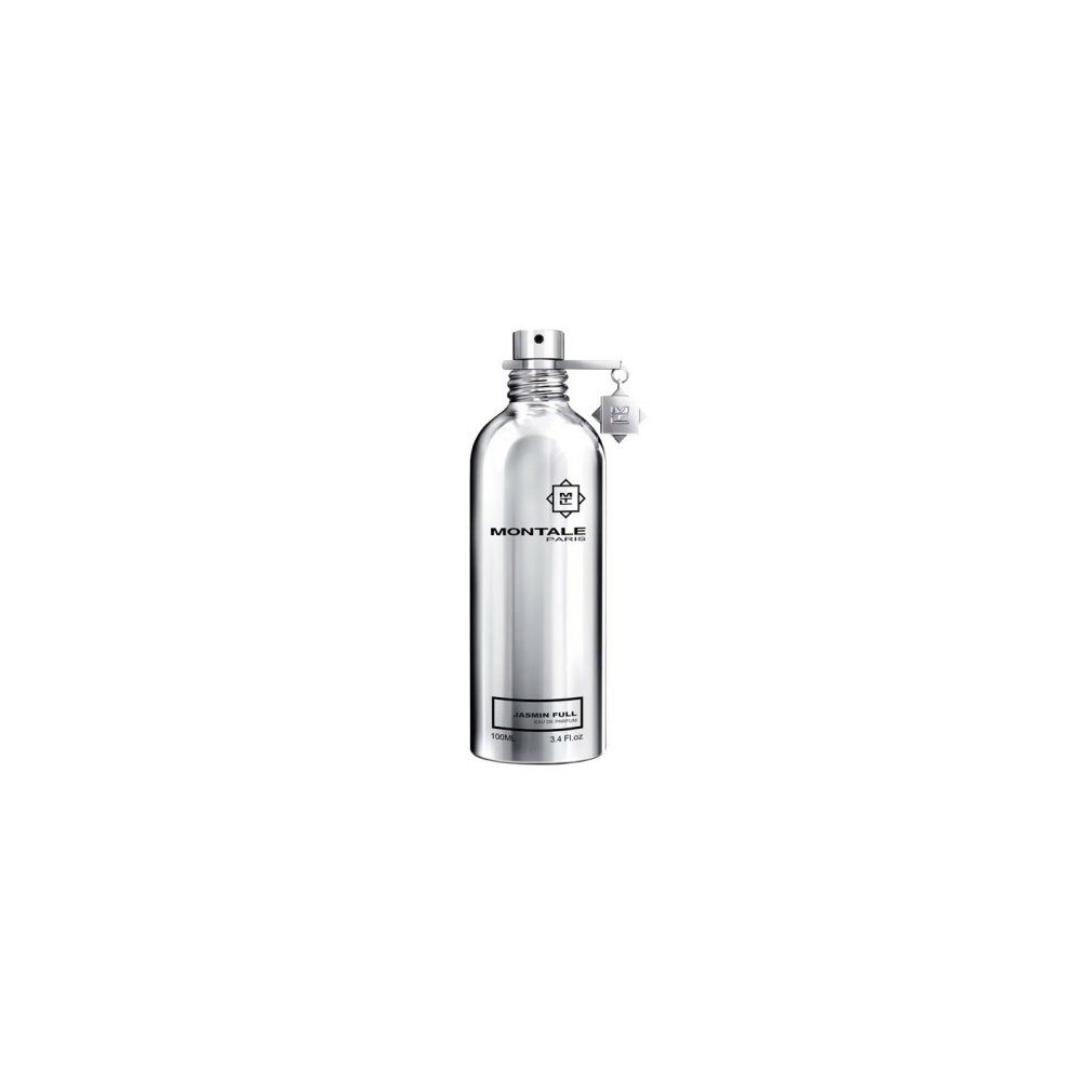 Silberne Flasche mit Sprühkopf und Anhänger. Aufschrift: Montale. Produktname: Jasmin Full.