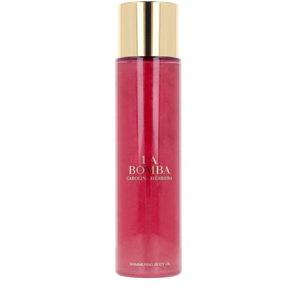 Rote Flasche mit goldenem Deckel. Aufschrift: LA BOMBA CAROLINA HERRERA. Text: SHIMMERING BODY OIL.