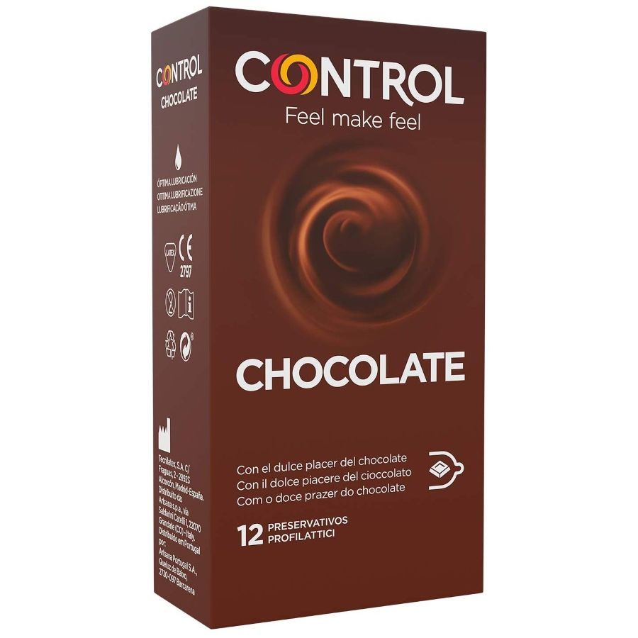 Control Chocolate Verpackung, schräg. Braune Schachtel mit Produktnamen und Abbildung. Enthält 12 Kondome.