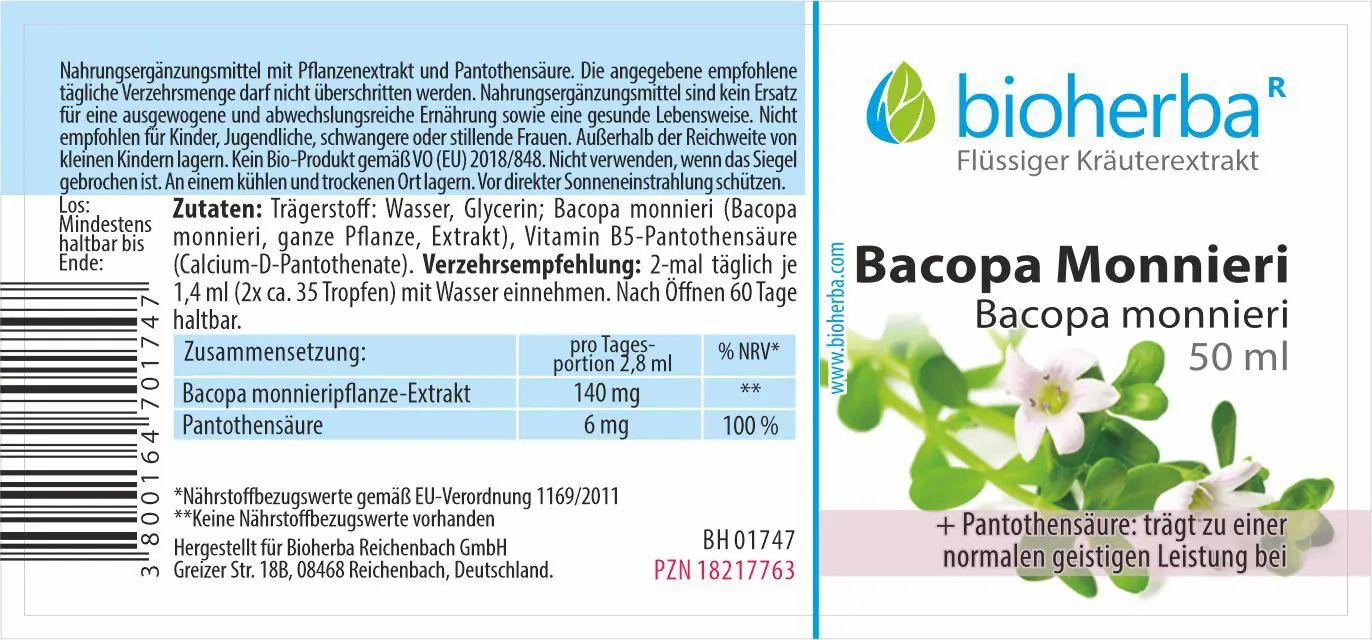 Etikett mit Produktnamen, Logo und floraler Abbildung. Enthält Informationen zu Inhaltsstoffen und Dosierung.