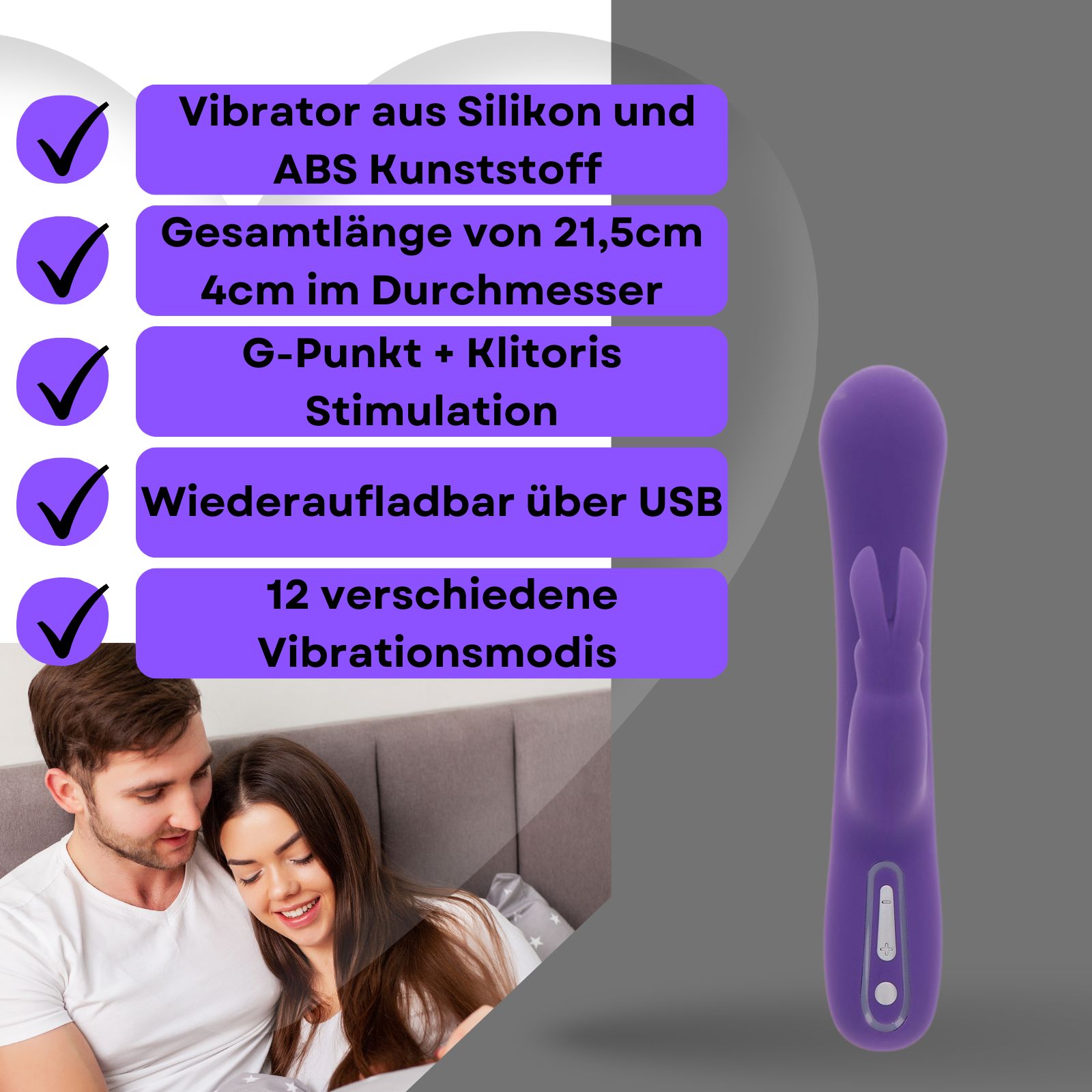 Lila Vibrator mit Hasenohren-Design. Auf weißer Plattform. Hintergrund: Paar. Text: Vibrator aus Silikon und ABS.