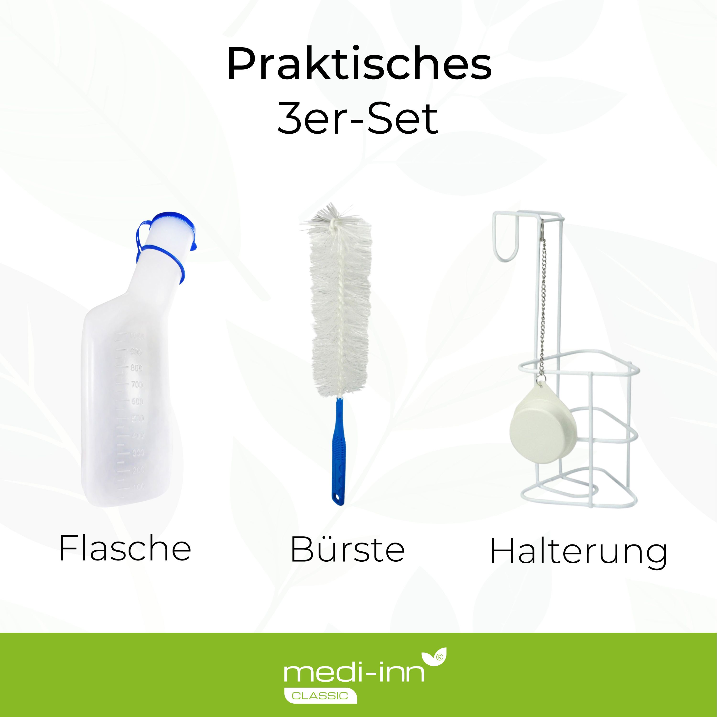 Medi-Inn Urinflasche PP 1000 ml, für Männer, milchig mit Betthalter und Reinigungsbürste