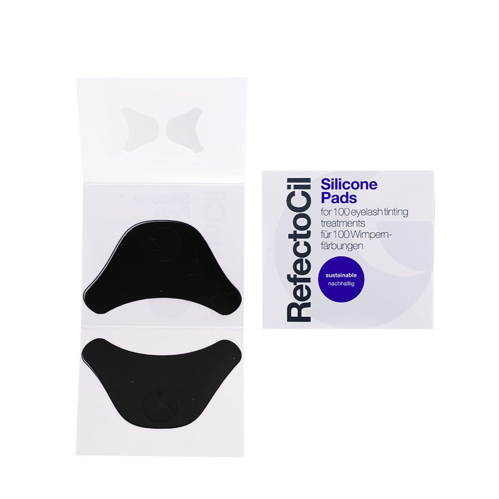 Schwarze Silikonpads und Verpackung mit Text: RefectoCil Silicone Pads für 100 Wimpernfarbungen.