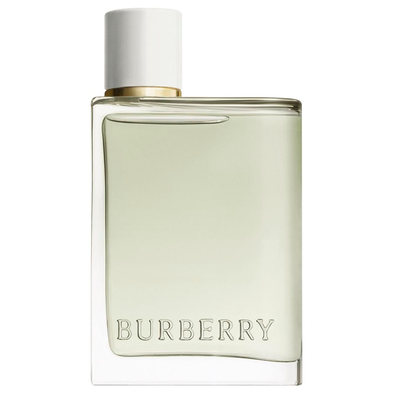 Burberry Her Eau de Toilette Flakon. Weißer Deckel, goldener Kragen, transparente Flüssigkeit. Logo.