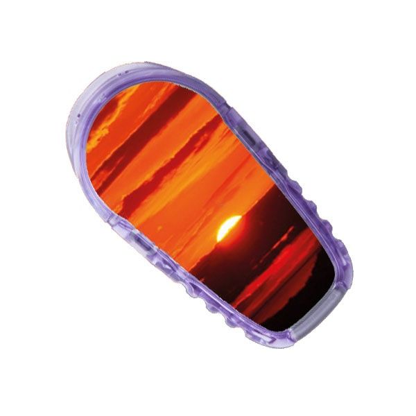 Ein Aufkleber mit einem Sonnenuntergangsmotiv. Ovale Form mit lila Rahmen.