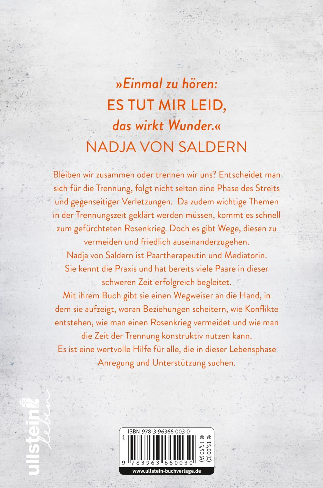 Buchrückseite "Glücklich getrennt". Text über Trennung, Autorin Nadja von Saldern. Ullstein Leben Logo. ISBN und Preis.
