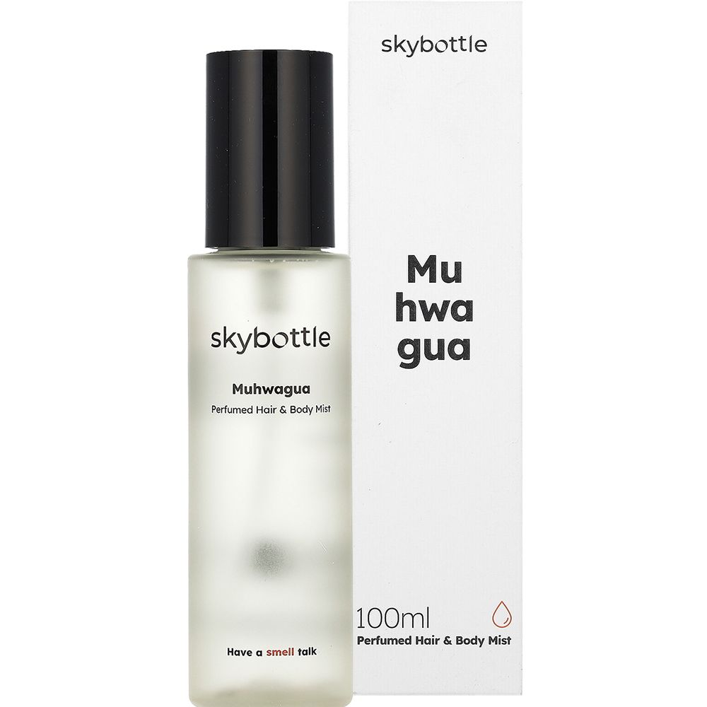 Flakon und Verpackung. Flakon: skybottle, Muhwagua, Perfumed Hair & Body Mist, 100ml. Verpackung: skybottle.