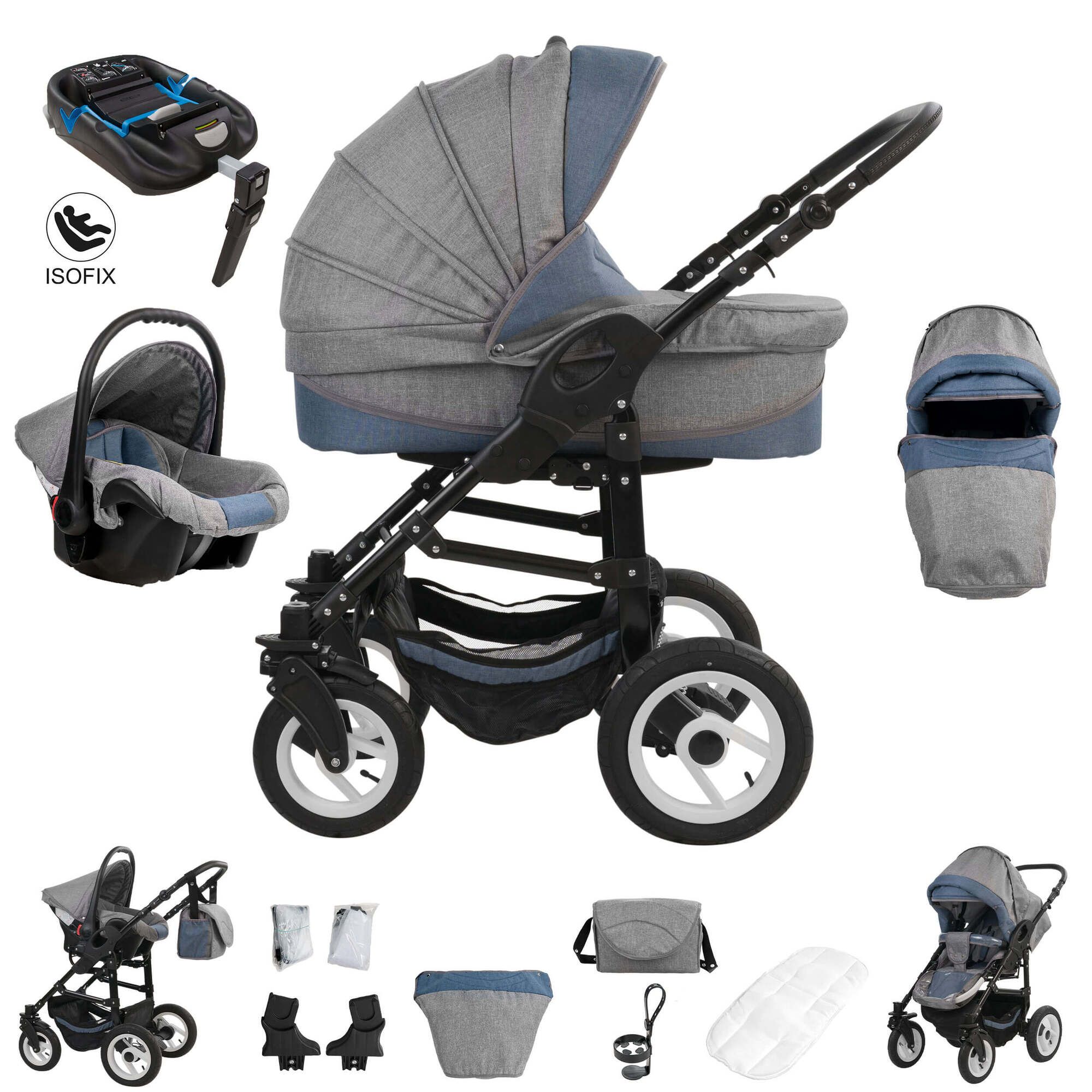 Bebebi Florenz 4 in 1 Kinderwagen Komplettset ISOFIX Basis Luftreifen, Da Vinci Blue Black