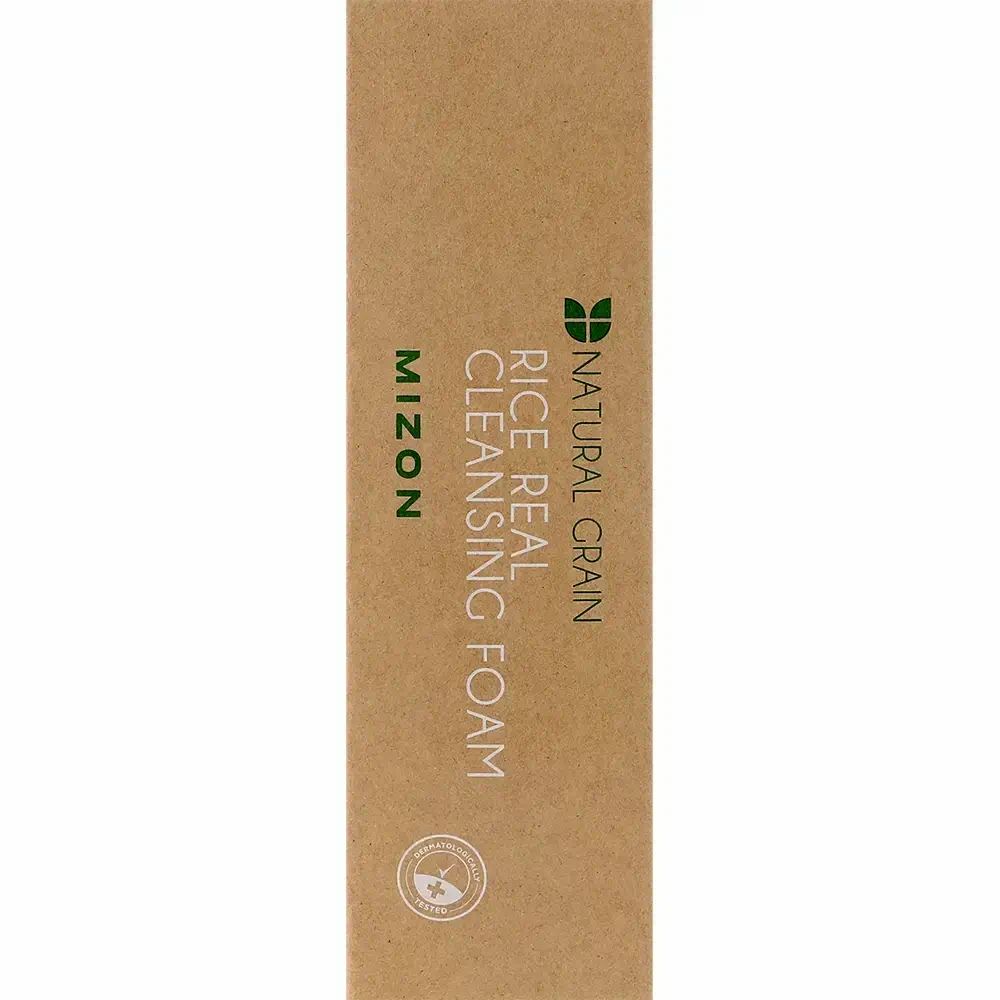 Braune Verpackung mit Aufschrift: MIZON Rice Real Cleansing Foam. Produktname und Logo.