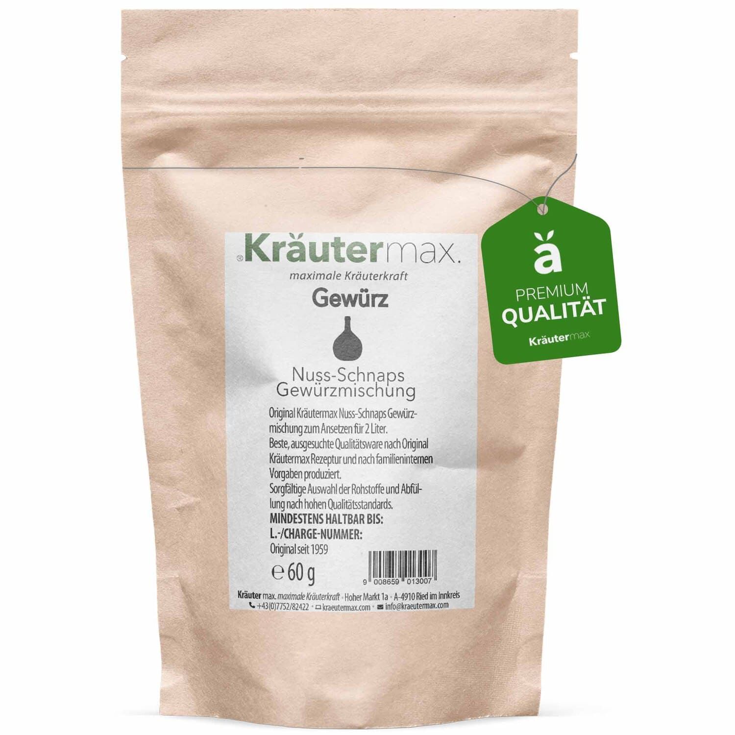 Beutel Kräutermax Gewürz, Nuss-Schnaps Gewürzmischung. Grünem Anhänger mit Premium Qualität. Braune Papierverpackung mit weißem Etikett.
