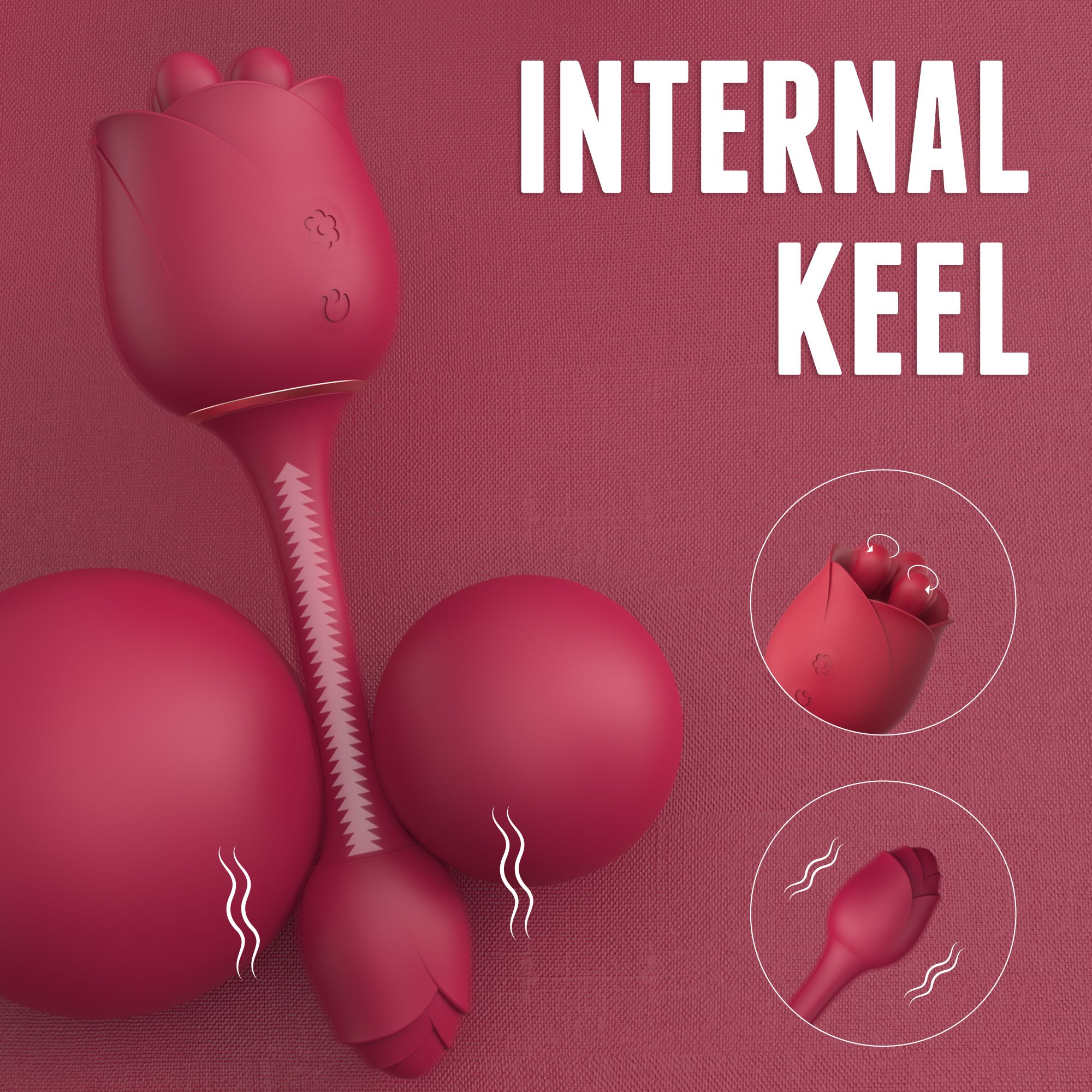 Roter Vibrator in Rosenform, mit Stiel und Blütenblättern. Drei kleinere Abbildungen. Text: INTERNAL KEEL.