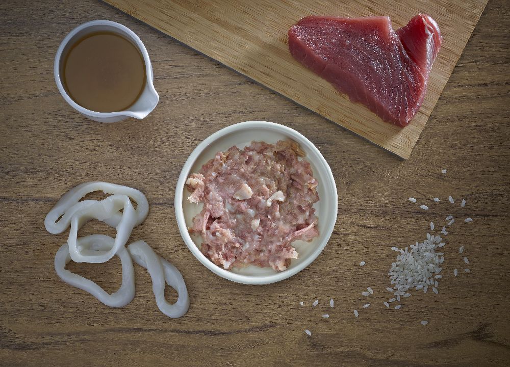 Zutaten für Katzenfutter auf Holzbrett: Thunfisch, Tintenfischringe, Reis und Soße in Schalen. Draufsicht.