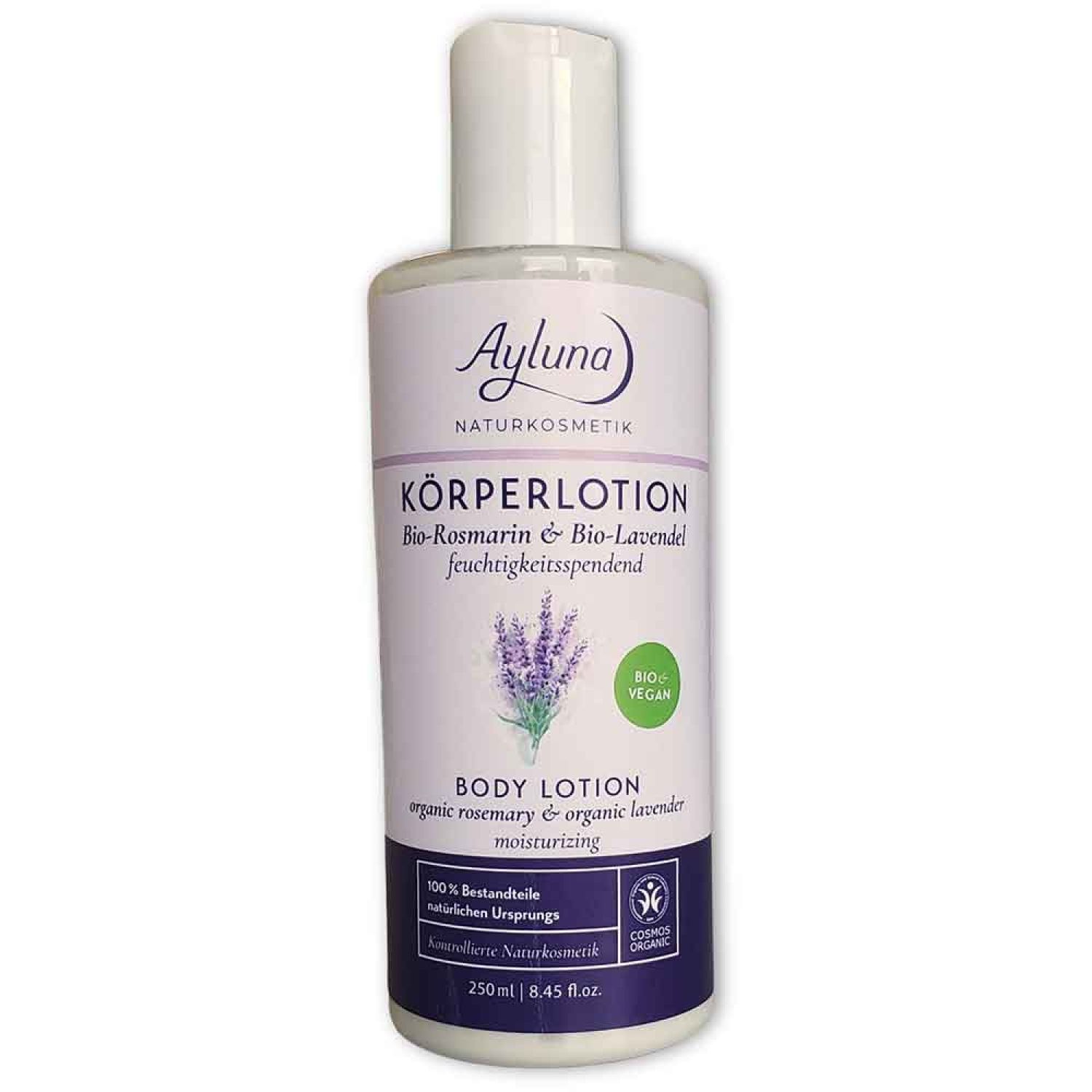 Körperlotion-Flasche mit weißem Deckel. Aufschrift: Ayluna, Körperlotion Bio-Rosmarin & Bio-Lavendel. Mit Bio-Vegan-Siegel.