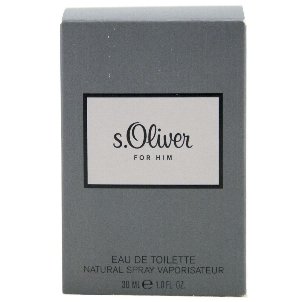 Graue rechteckige Schachtel mit weißem Etikett. Darauf steht "s.Oliver FOR HIM". Darunter "Eau de Toilette". Unten "30 ml 1.0 FL. OZ.".