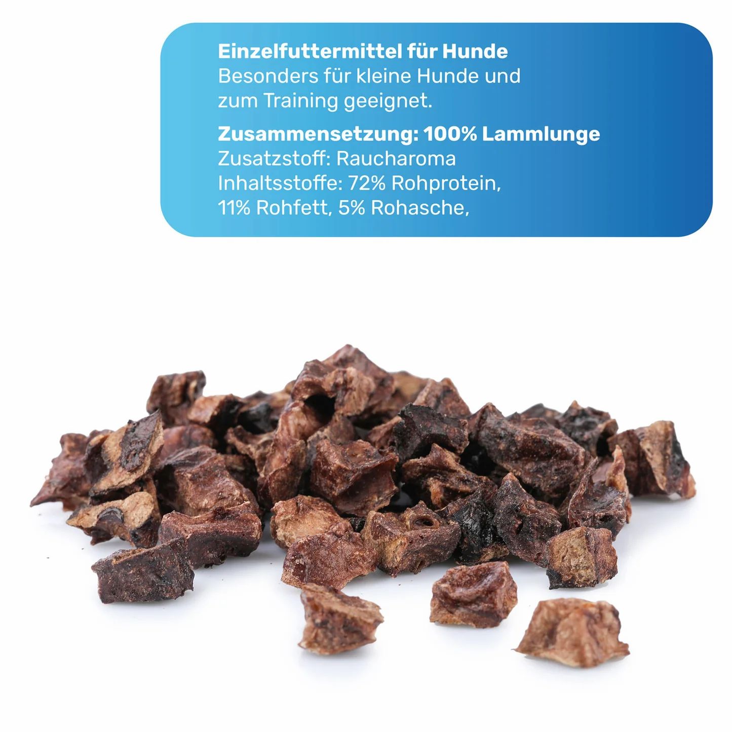 Hundesnack aus Lamm-Lunge. Kleine, unregelmäßig geformte Stücke. Textbox mit Nährwertangaben: 72% Rohprotein, 11% Rohfett, 5% Rohasche.