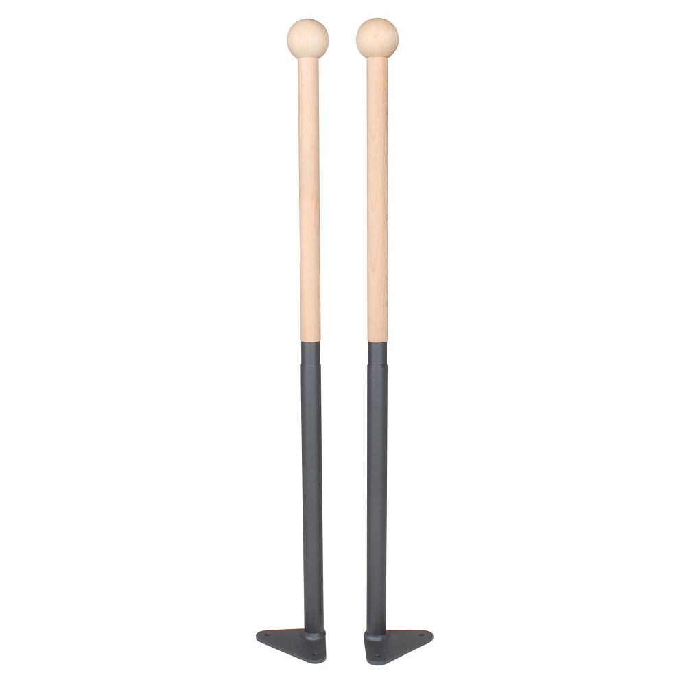 Zwei Haltestützen. Holzgriff mit Kugel, grauer Schaft und Fuß. Stehen nebeneinander.