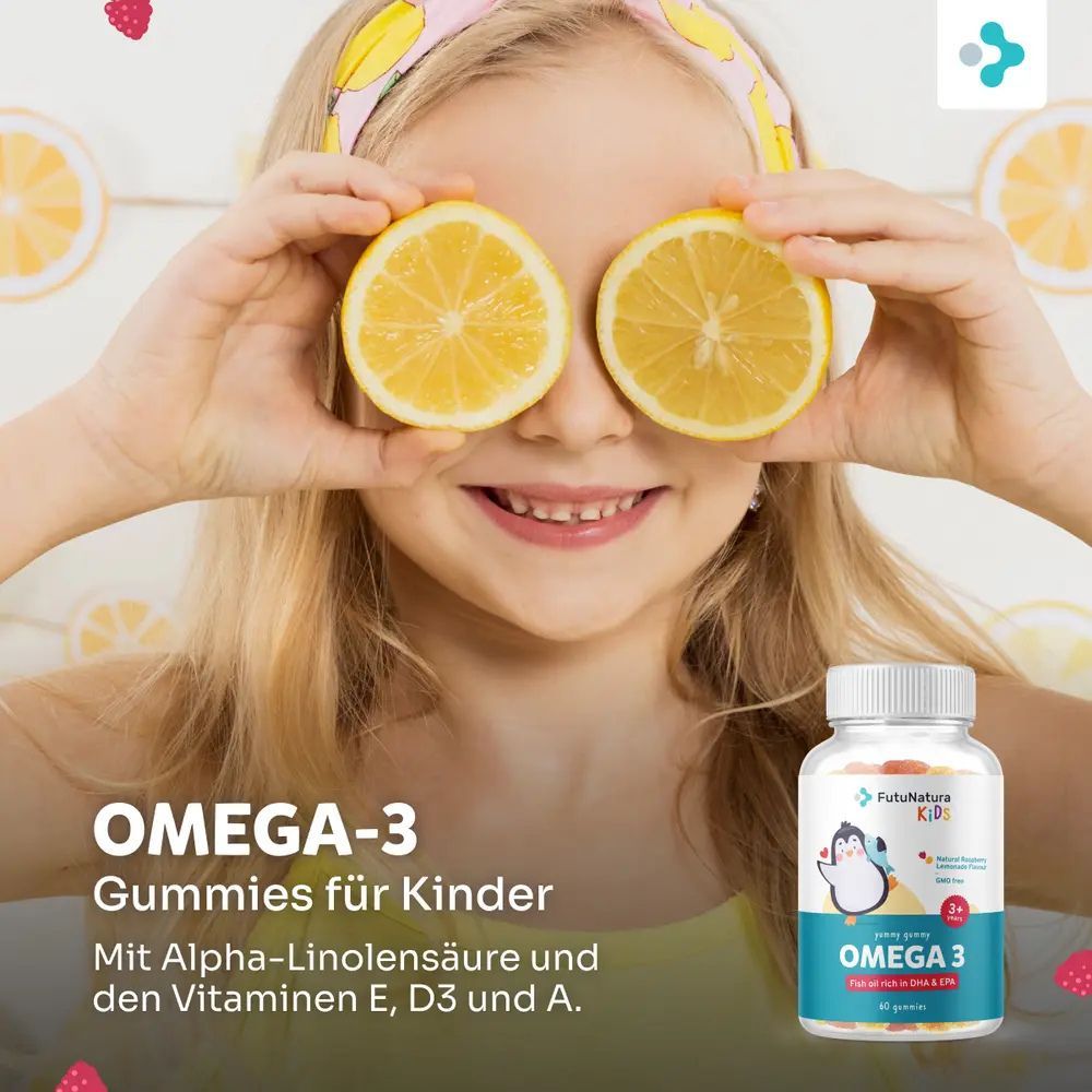 Mädchen hält Zitronenscheiben vor den Augen. Rechts: Flasche FutuNatura Kids Omega-3 Gummies. Text: Omega-3 Gummies für Kinder.