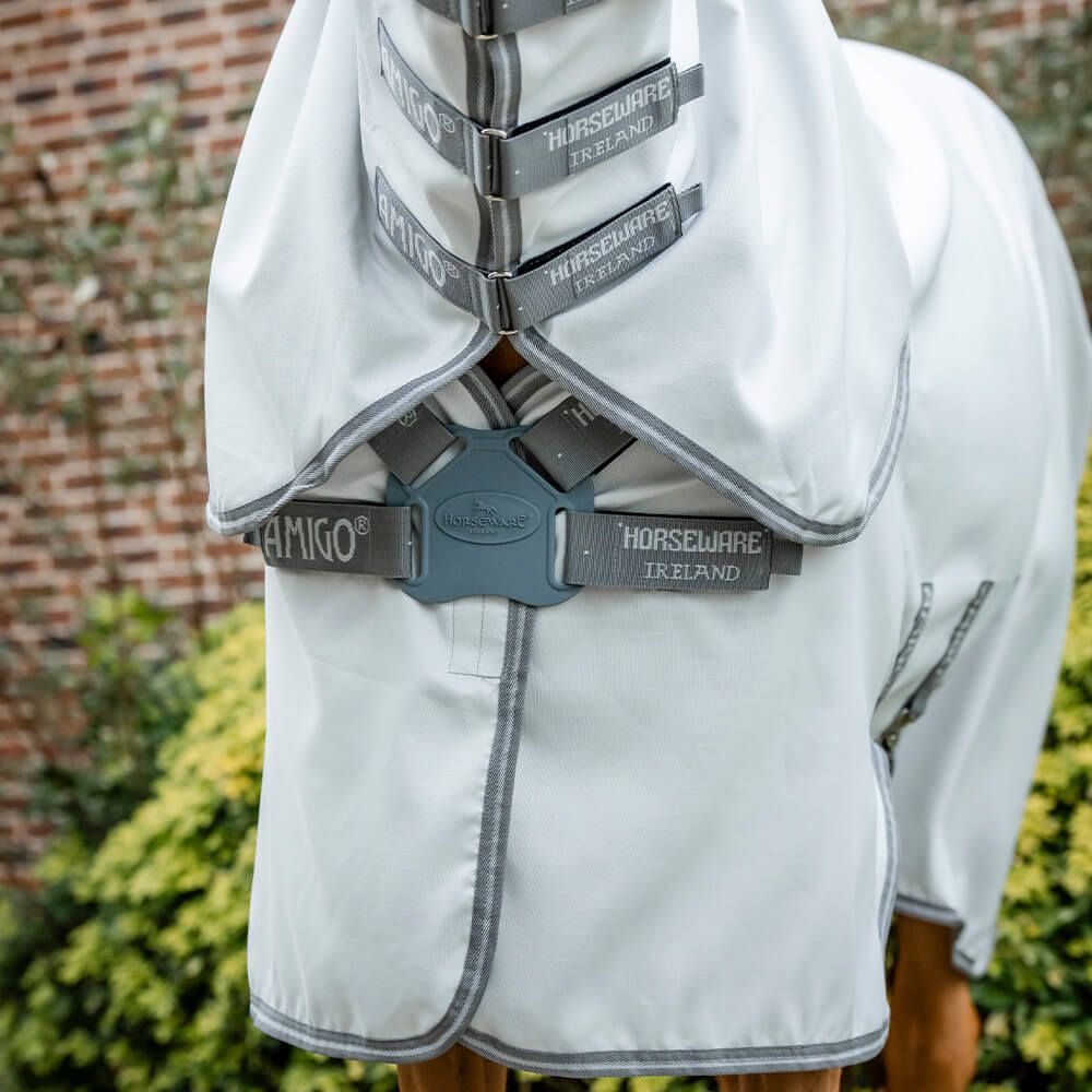 Nahaufnahme der Pferdedecke. Weiß mit grauen Rändern und Verschlüssen. Marke Horseware Ireland sichtbar.