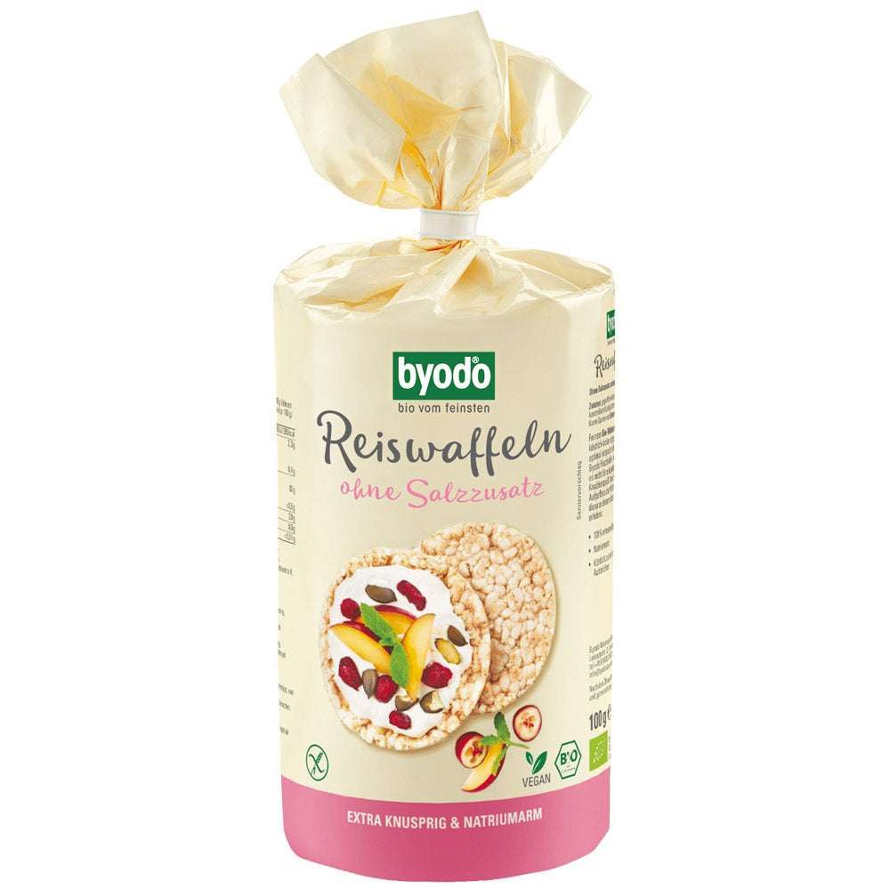 Verpackung von Reiswaffeln ohne Salz. Marke: byodo. Aufschrift: Extra knusprig & natriumarm. Mit Bio-Siegel und Vegan-Logo.