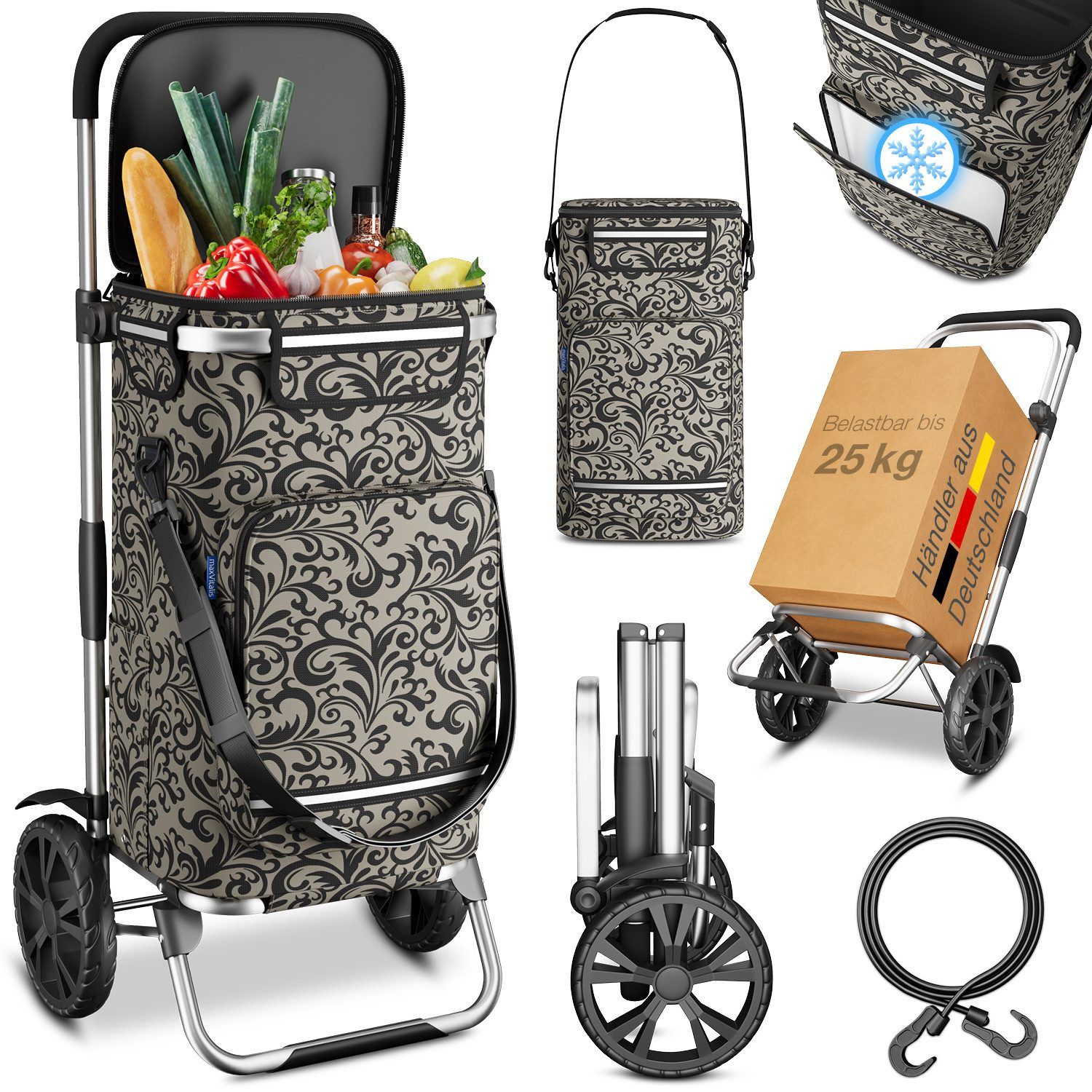 ELONEO Einkaufstrolley faltbar und extrem leicht – nur 2,3 kg, 43 l, separate Kühltasche & Spanngurt