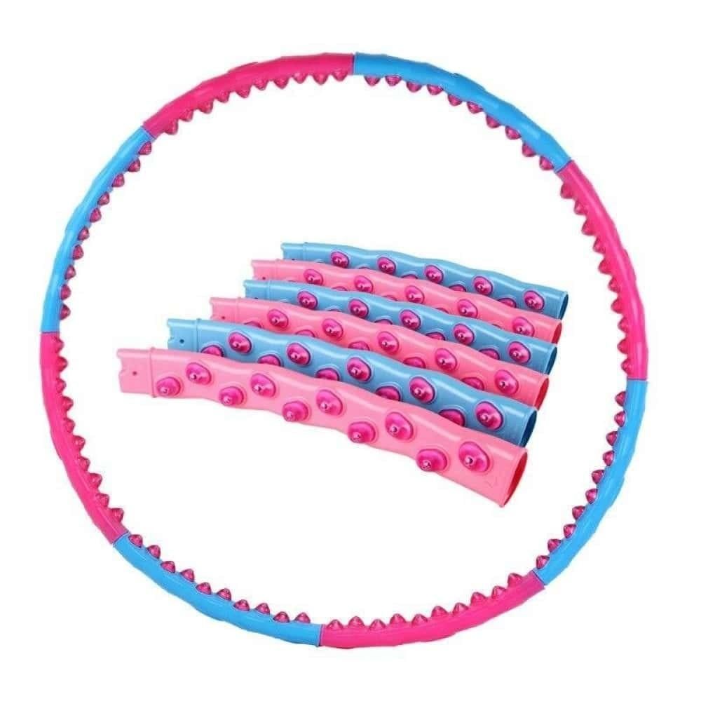 Hula-Hoop-Reifen, zweifarbig, mit Massage-Noppen. Einzelne Segmente in Pink und Blau. Gezeigt in Einzelteilen und montiert.