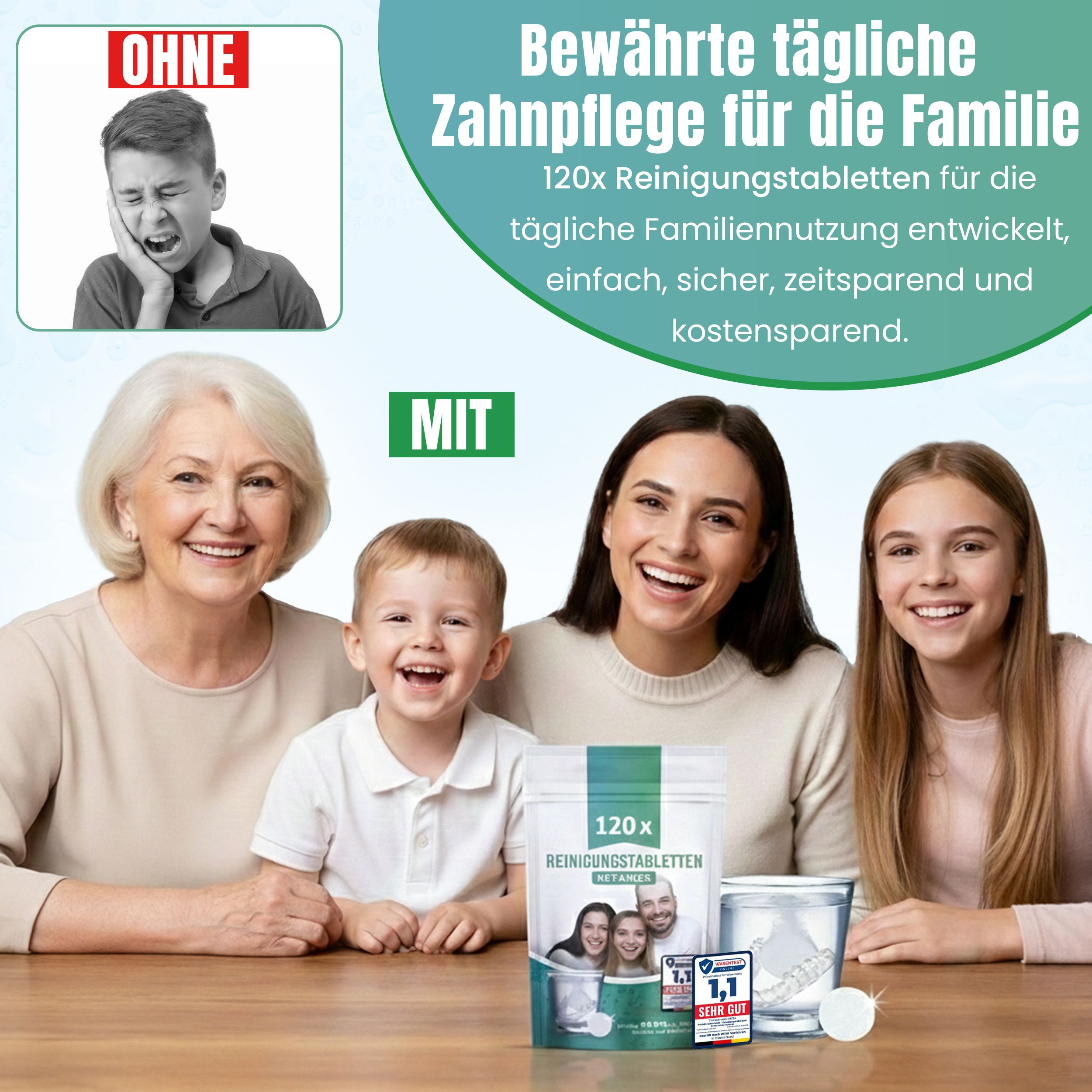 Familie mit Beutel Reinigungstabletten. Text: 120x Reinigungstabletten. Ohne/Mit. Text: Bewährte tägliche Zahnpflege für die Familie. Sehr Gut Siegel.