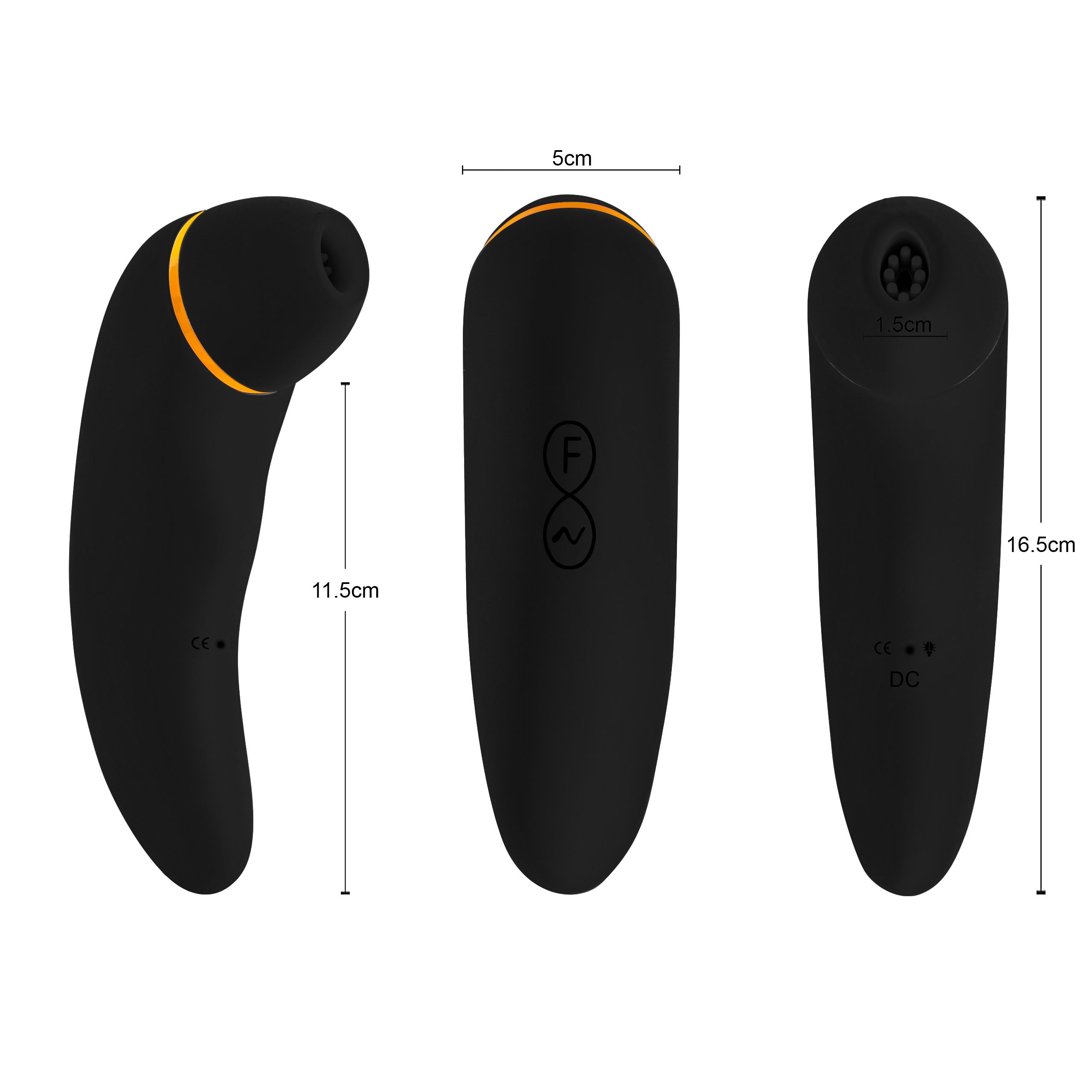 Drei Ansichten eines schwarzen, ergonomisch geformten Geräts mit orangefarbenen Akzenten. Abmessungen sind angegeben: 11,5 cm, 5 cm, 16,5 cm.