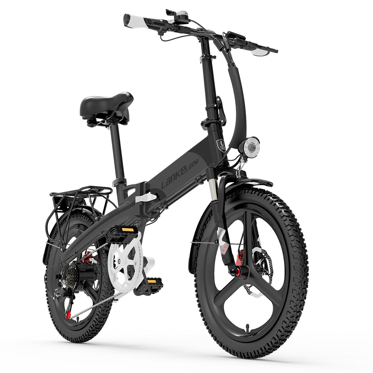 Schwarzes, zusammenklappbares E-Bike. Sichtbar: Sattel, Lenker, Schutzbleche, Gepäckträger, und Räder mit grobem Profil. Marke LANKELEISI.