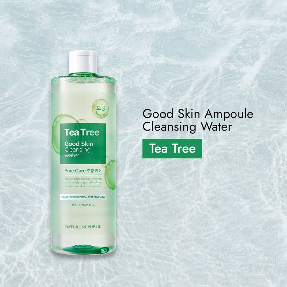 Klare Flasche mit grünem Etikett. Text: Tea Tree Good Skin Ampoule Cleansing Water. Marke: NATURE REPUBLIC. Grüner Deckel.