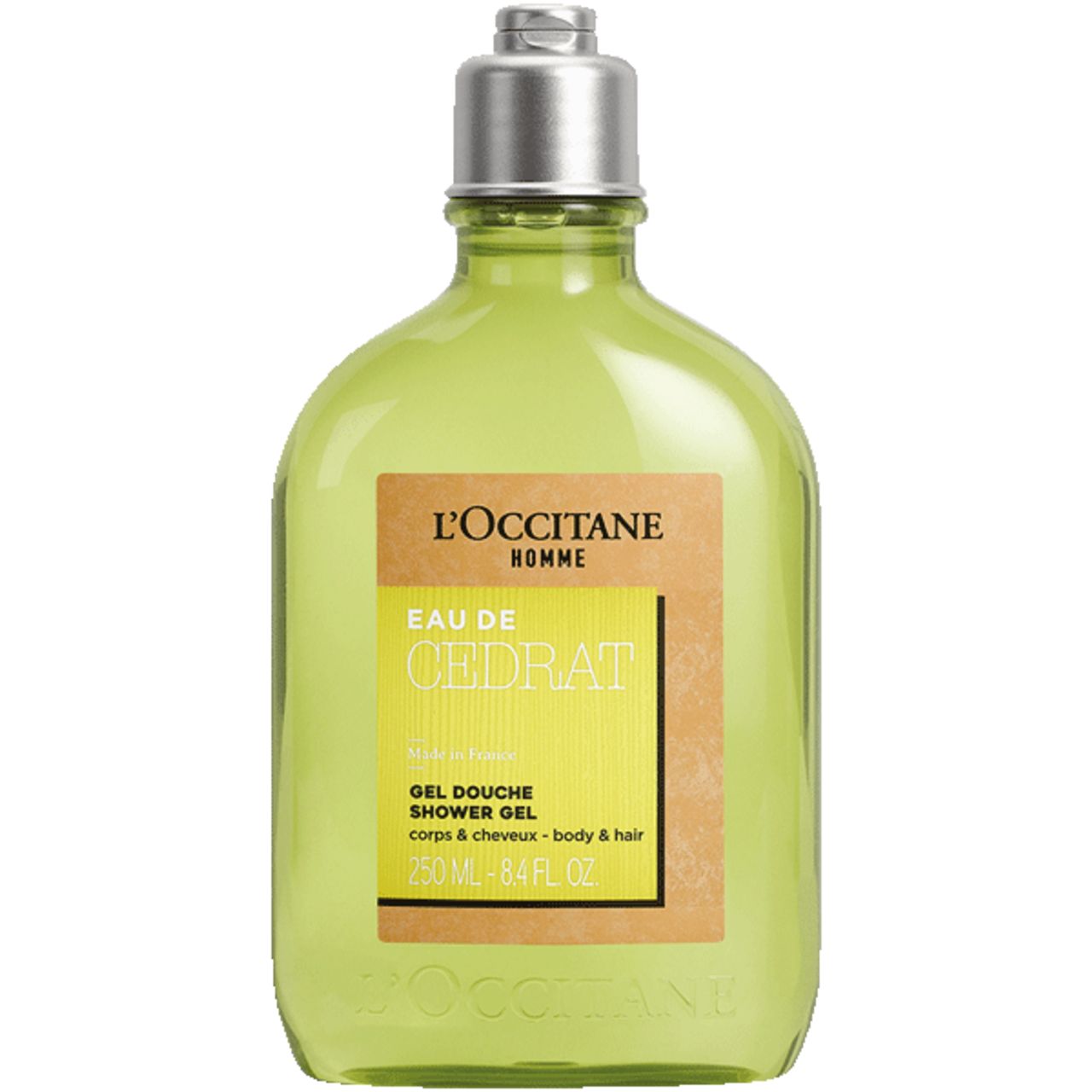 Grünes Duschgel in einer Flasche mit silbernem Deckel. Aufkleber mit Text: Eau de Cédrat, Gel Douche, L'Occitane.