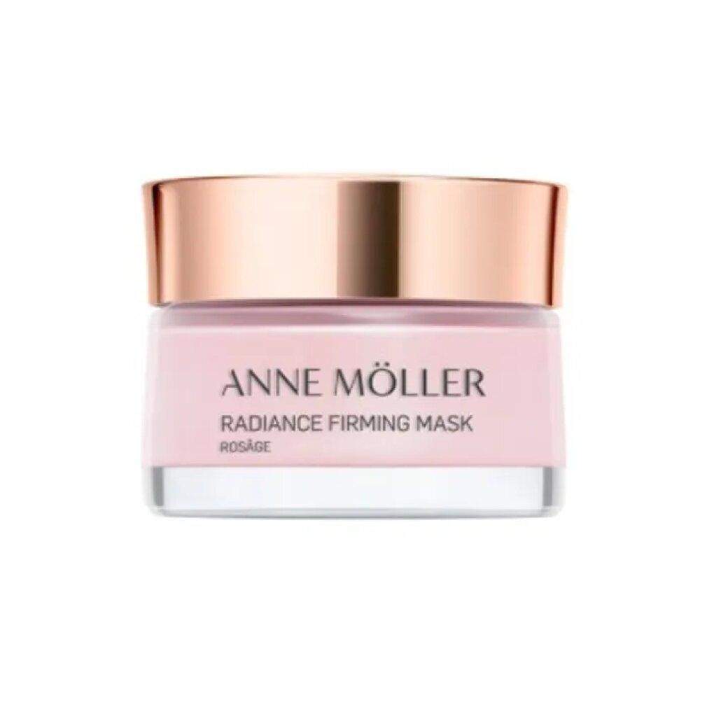 Glasbehälter mit rosafarbener Creme. Deckel in Roségold. Aufschrift: ANNE MÖLLER, Radiance Firming Mask, Rosâge.