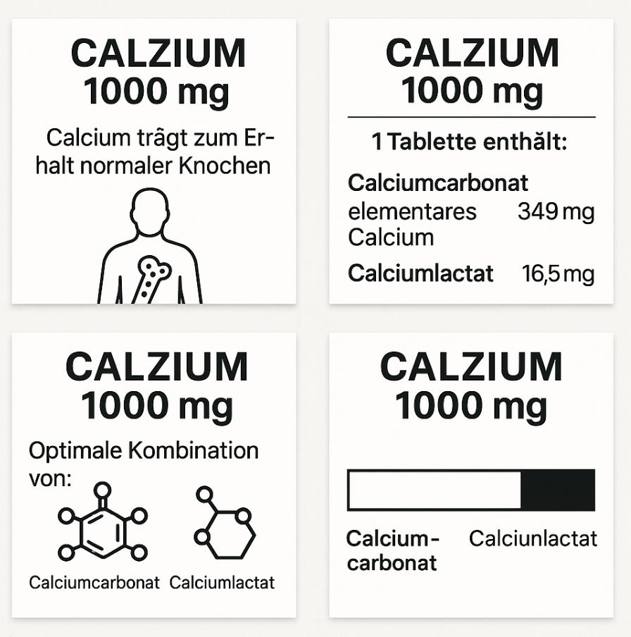 Quatre cartes carrées avec des informations sur le calcium. Contient du texte et des illustrations, dont un squelette et des structures chimiques.