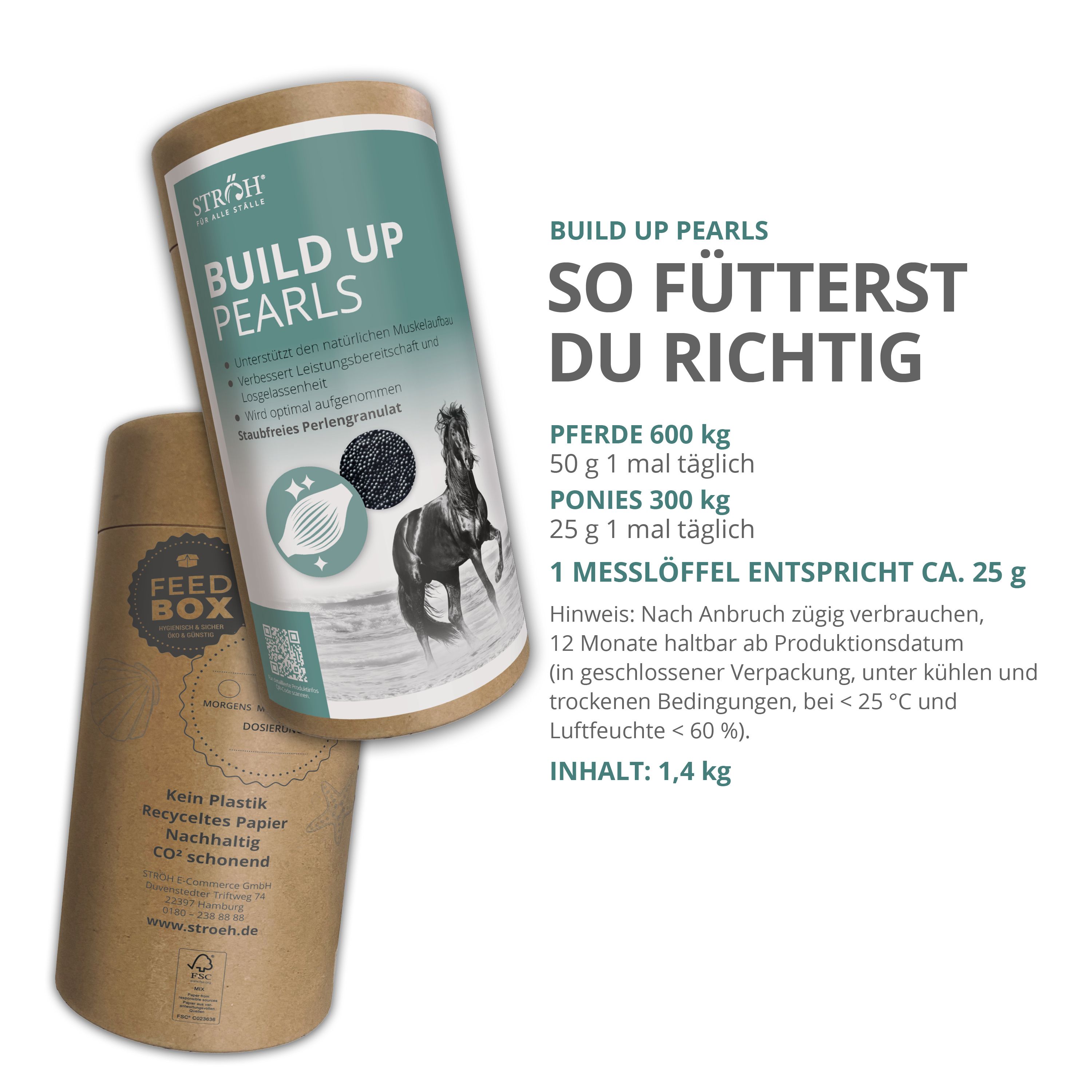 Zwei Dosen STRÖH Build Up Pearls. Text: Build Up Pearls, 1,4 kg. Abbildung eines Pferdes. Feedbox Dose. Ergänzungsfuttermittel.