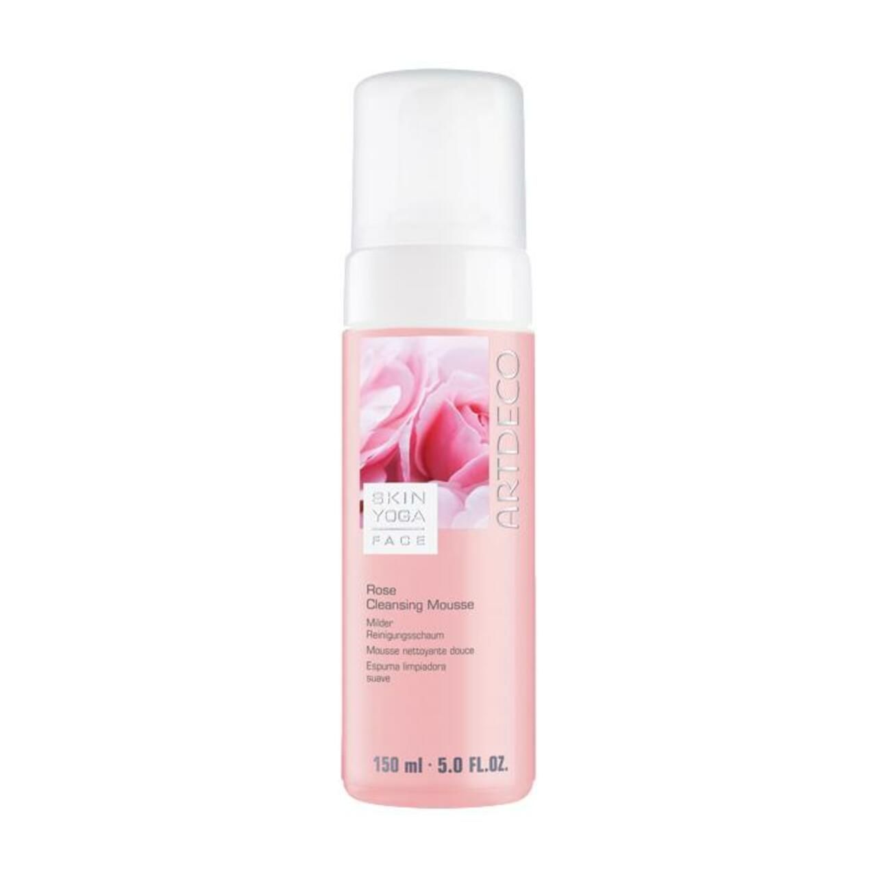 Rosa Reinigungs-Mousse-Flasche. Weißer Spender, rosa Flasche mit Rosenmotiv und Produktbezeichnung. Marke Artdeco.