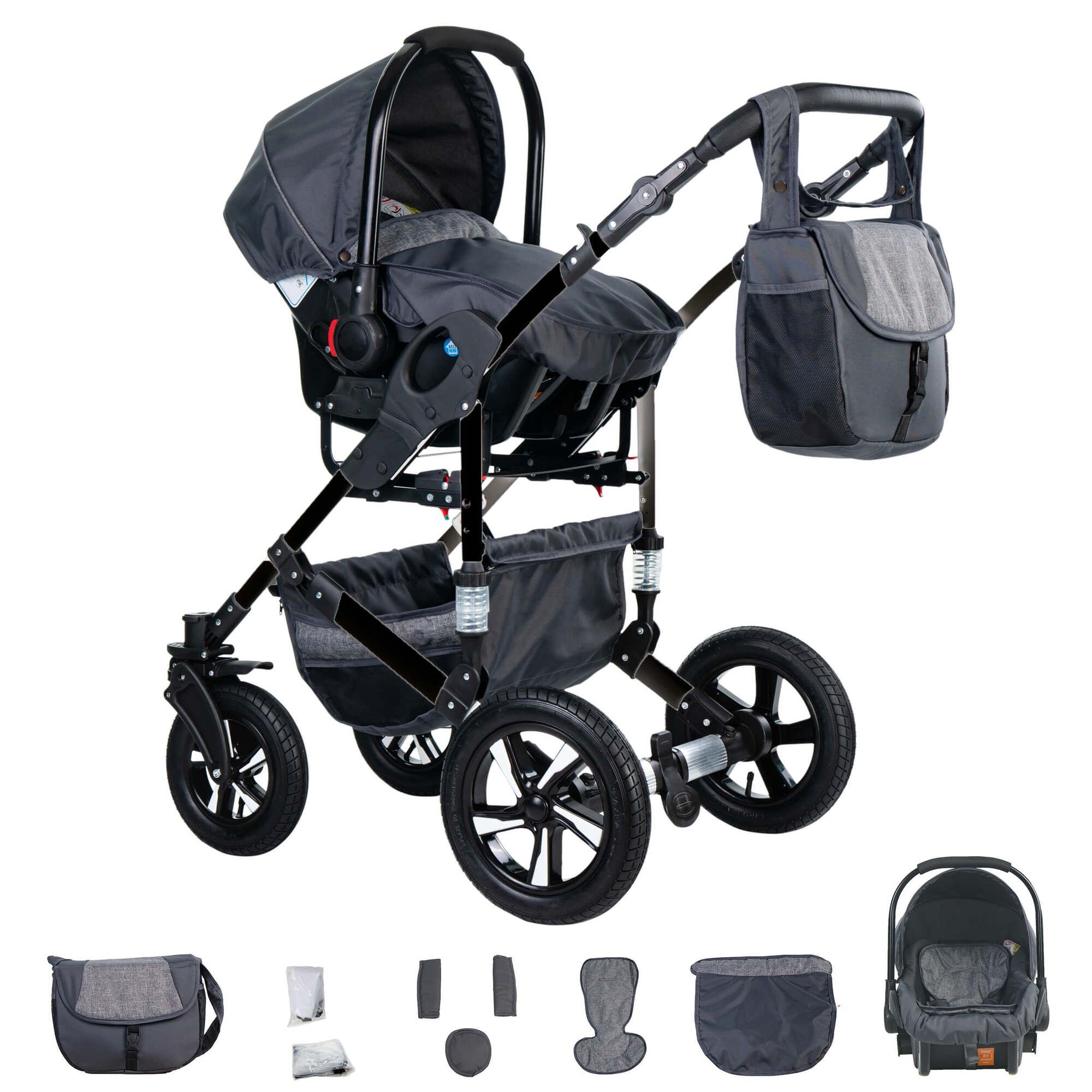 Friedrich Hugo Münster 3 in 1 Kinderwagen Set Luftreifen, Grey & Grey Linen