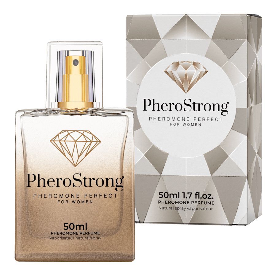 Parfümflasche und Verpackung. Aufschrift PheroStrong, Pheromone Perfect für Frauen. 50ml, 1.7 fl.oz.
