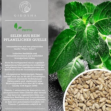 Text mit Informationen zu Bio Selen. Abbildung von Basilikum, Sonnenblumenkernen und Blättern. Text in deutscher Sprache.