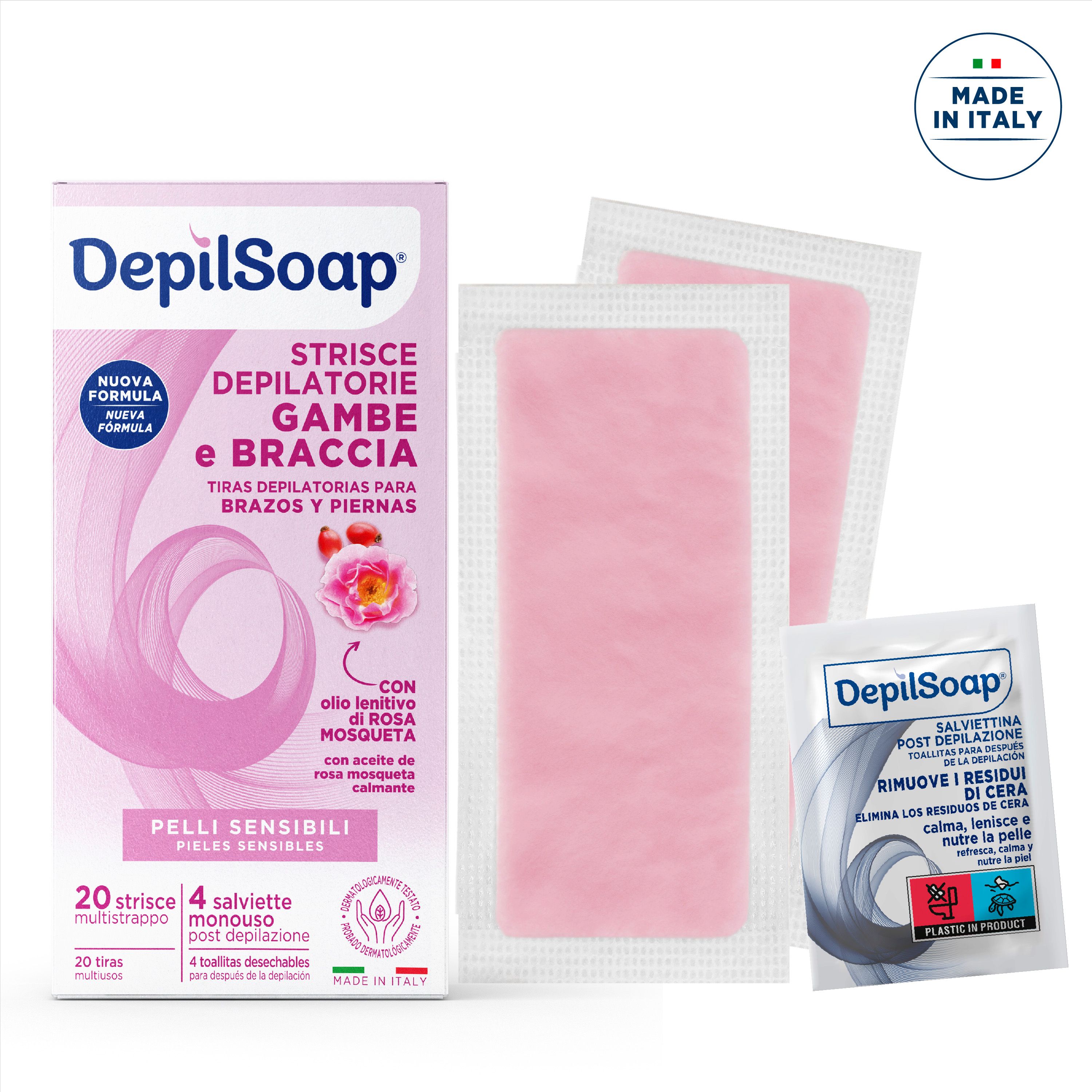 Depilsoap® -Strisce Depilatorie Viso per Pelli Sensibili,20 Strisce e 4 Salviettine Post-Depilazione