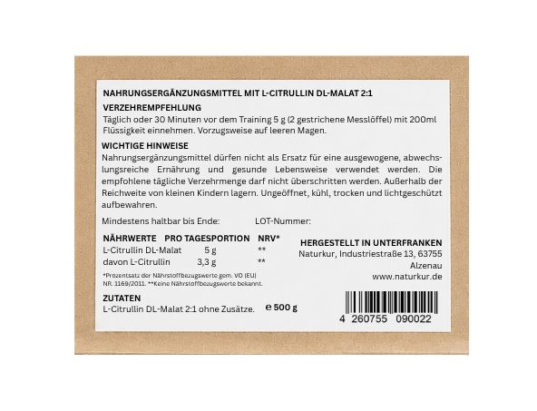 Braune Verpackung mit Nährwertangaben und Zutaten für L-Citrullin DL-Malat 2:1.