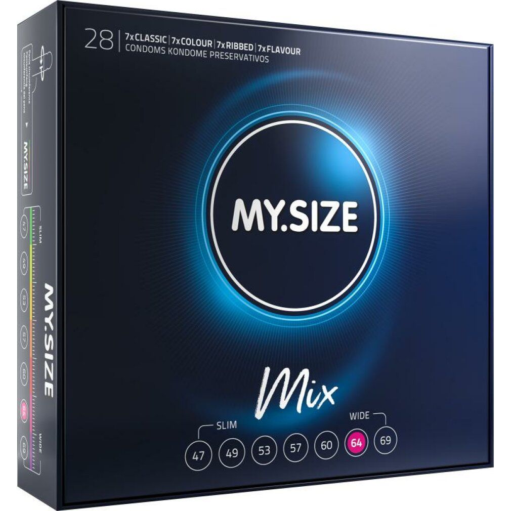 MY.SIZE Mix Kondome 64mm. Vier Varianten: Classic, Colour, Flavour, Ribbed. Einzelne Packungen mit je 7 Stück.