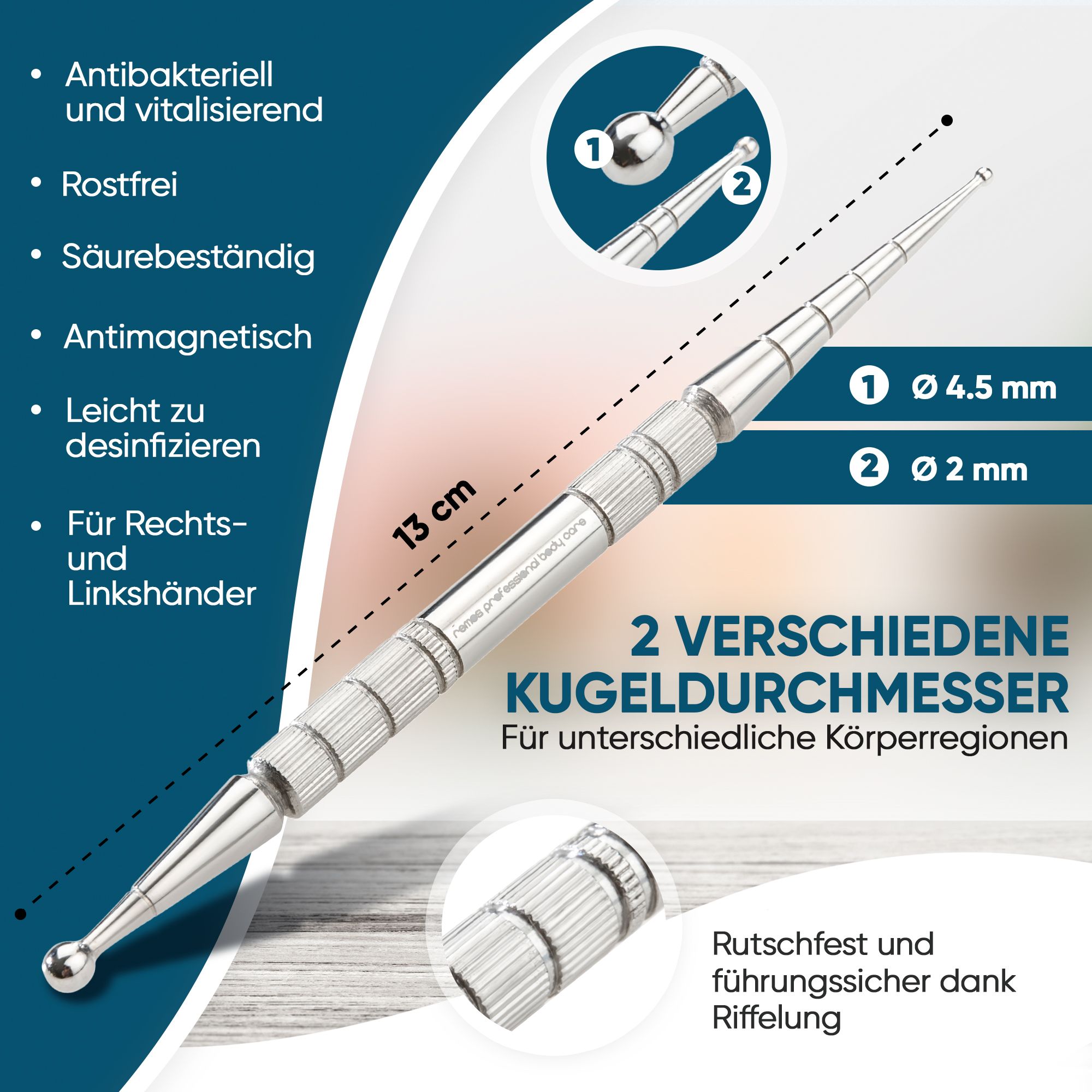 Akupressurstift aus Edelstahl mit zwei Kugeldurchmessern (Ø 4.5 mm und Ø 2 mm).