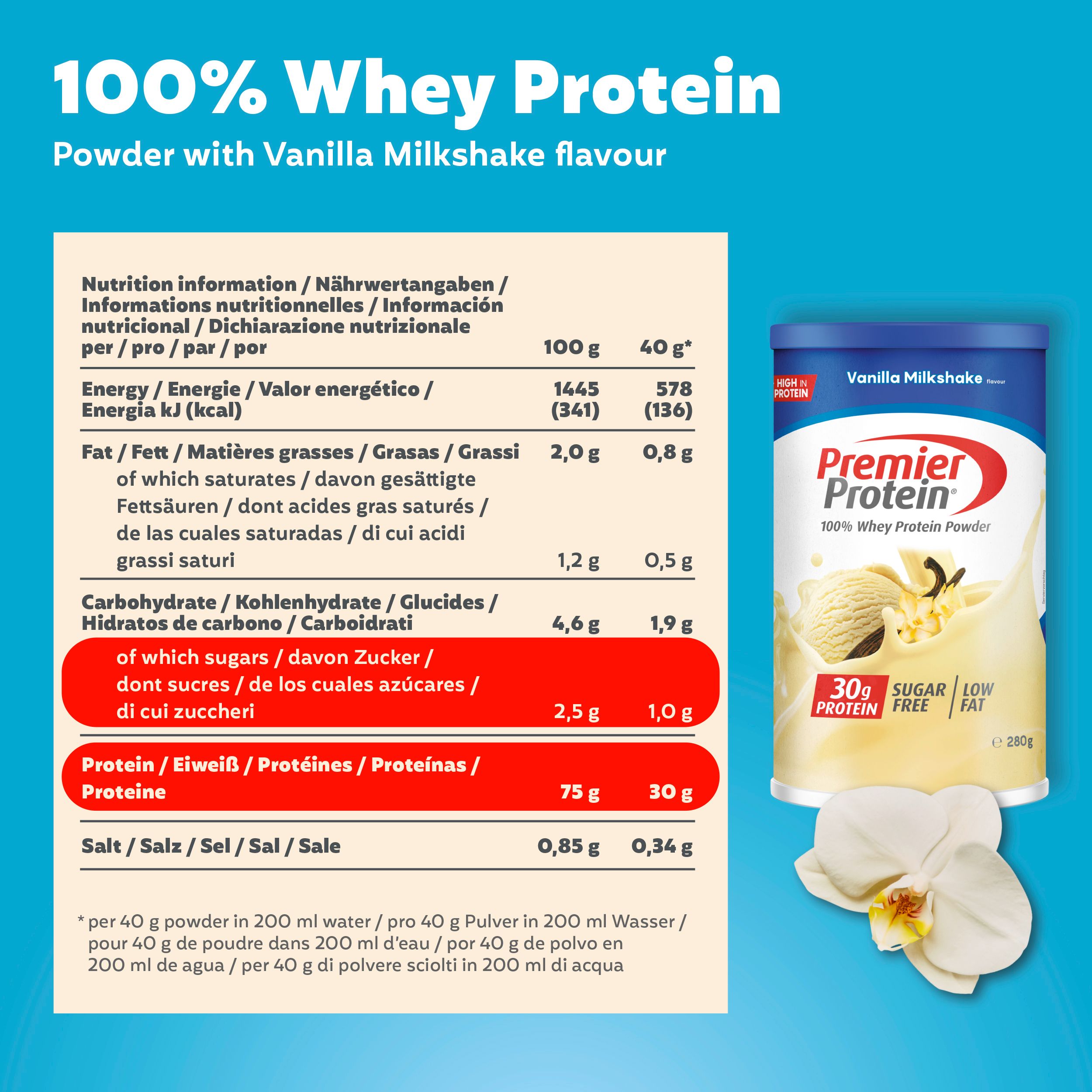 PREMIER PROTEIN Whey 100% Protein Powder Vanilla Milkshake ohne Zucker 6 x 280 g